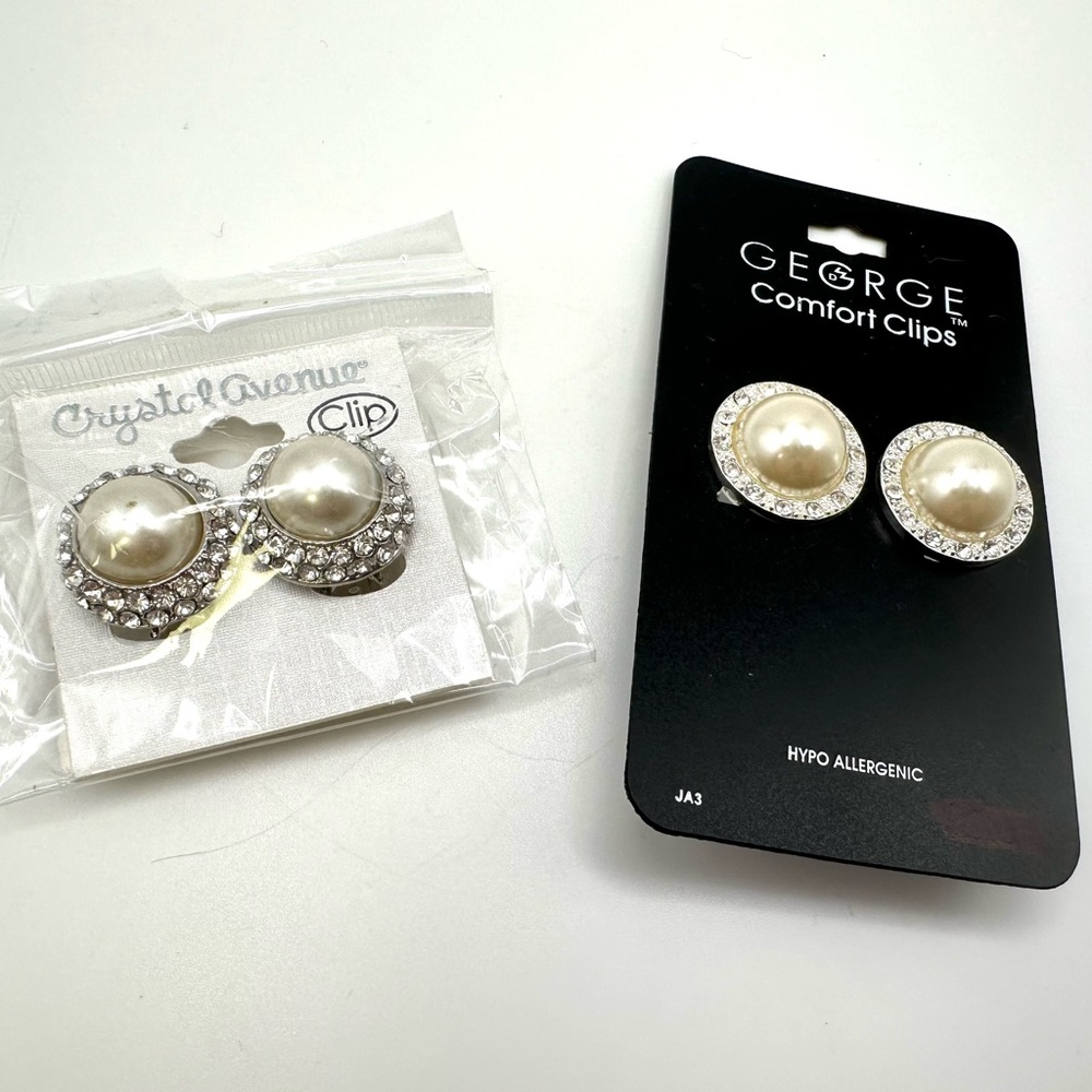 2 Pair Vintage Faux Pearl And Rhinestone Silver Tone Clip-On Earrings Brand New